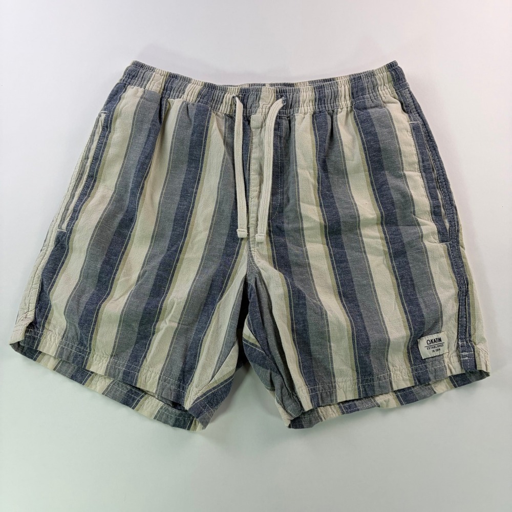Katin Cotton Linen Striped Shorts Mens Small Blue White Elastic Waist Surf